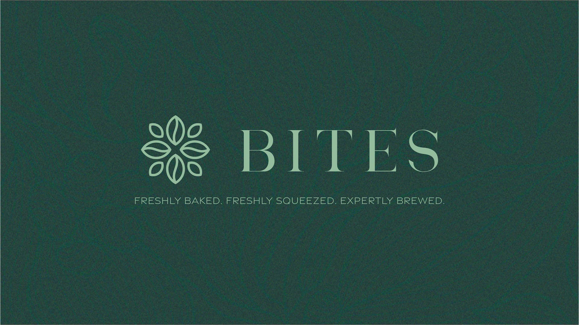 Bites café logo displayed on a dark green textured background with the tagline “Freshly Baked. Freshly Squeezed. Expertly Brewed.”
