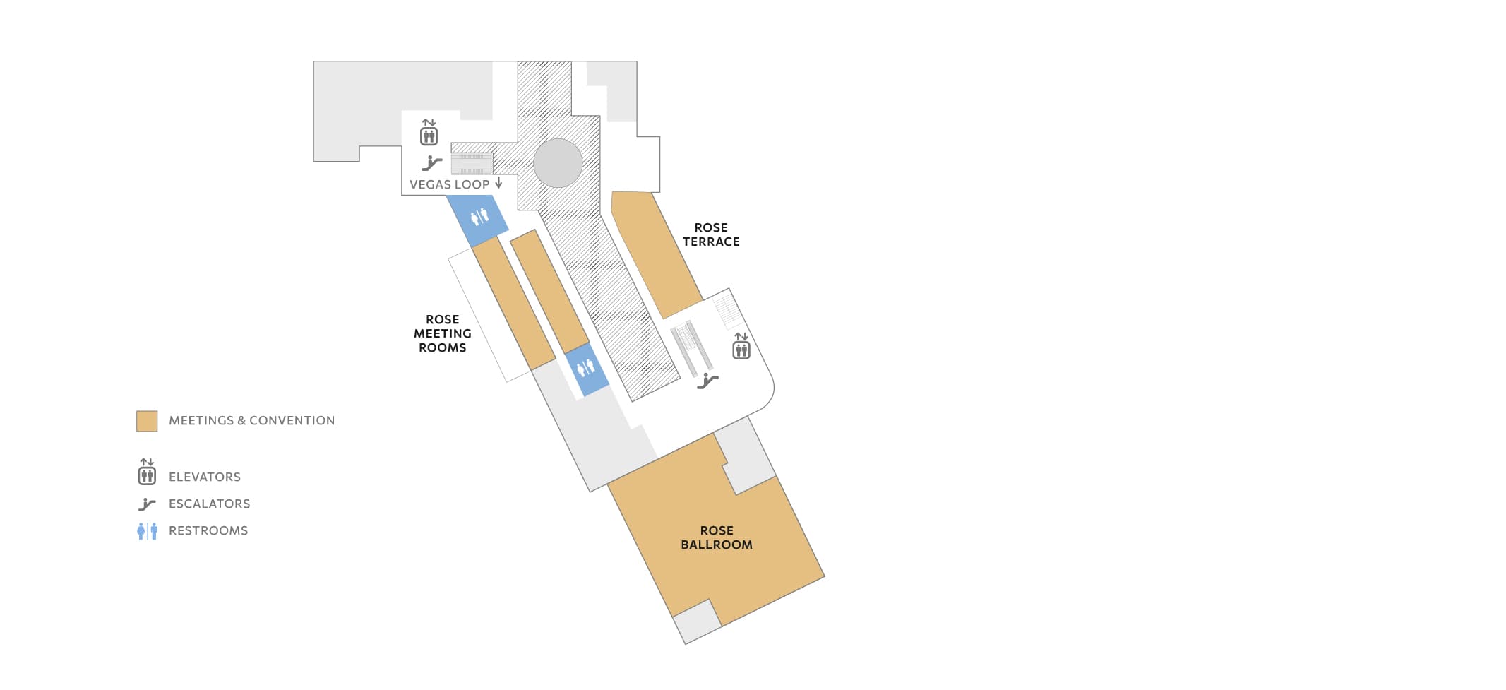 Illustrated Level 3 map of Resorts World Las Vegas showing the Rose Ballroom, Rose Terrace, Rose Meeting Rooms, elevators, escalators, restrooms, and access to the Vegas Loop transportation area.
