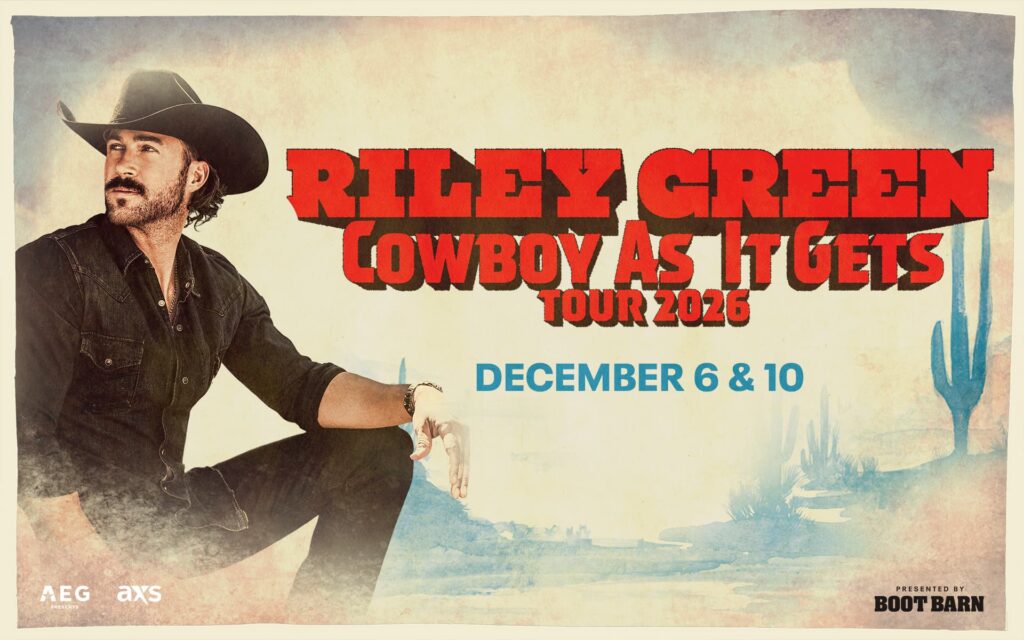 Promotional graphic for Riley Green's Cowboy As It Gets Tour 2026, featuring the country music artist in a cowboy hat with Las Vegas performance dates of December 6 and 10.