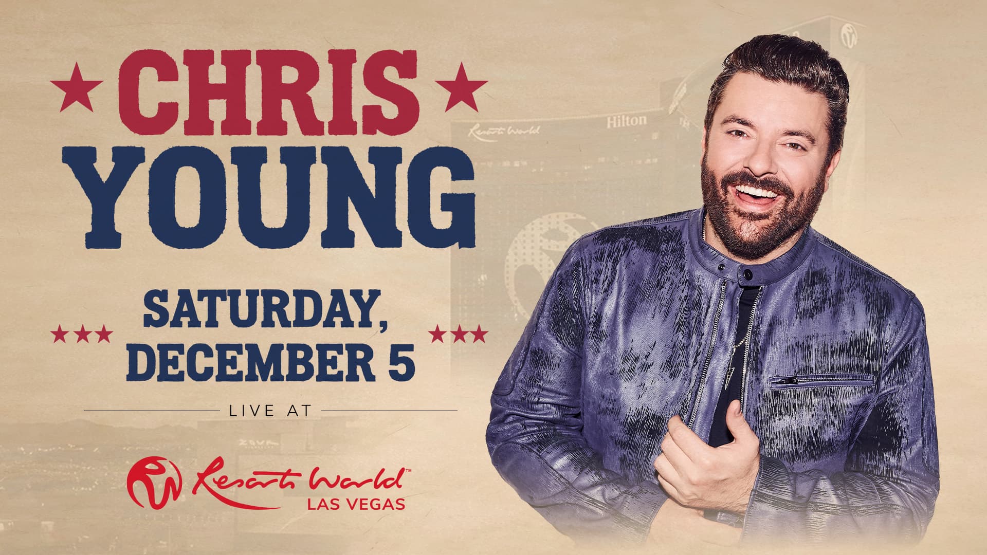 Promotional graphic for Chris Young performing Saturday, December 5 at Resorts World Las Vegas.