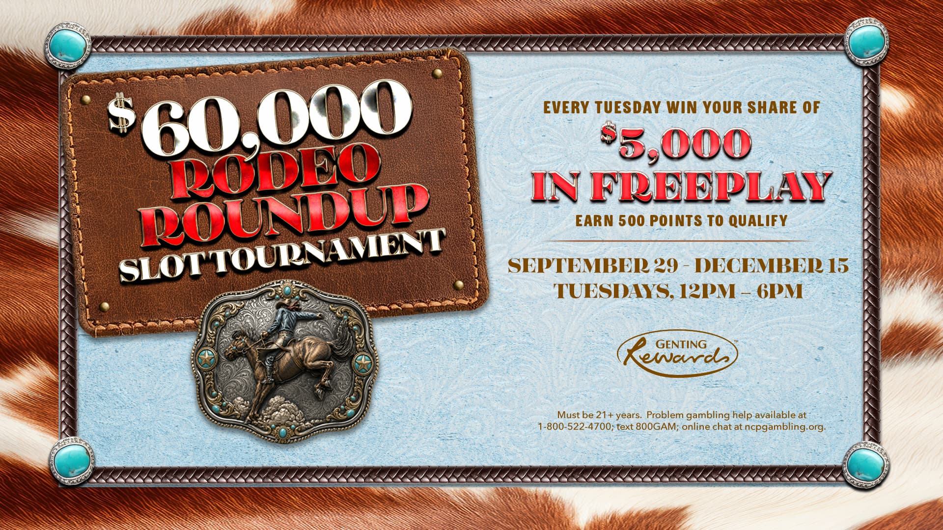 Promotional graphic for the $60,000 Rodeo Roundup Slot Tournament, offering $5,000 in Freeplay every Tuesday from September 29 through December 15, noon to 6 PM.