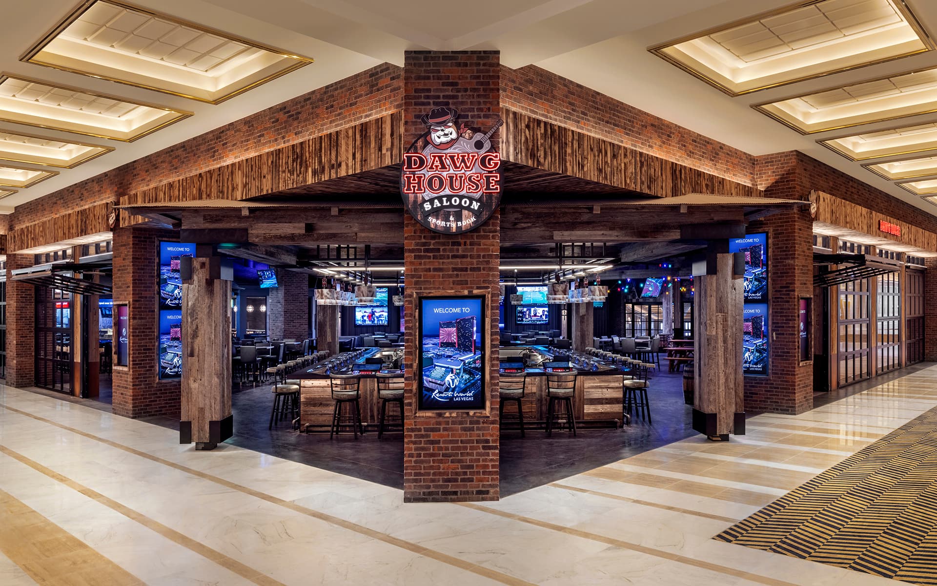 Entrance to Dawg House Saloon & Sports Book at Resorts World Las Vegas, featuring rustic wood and brick finishes.