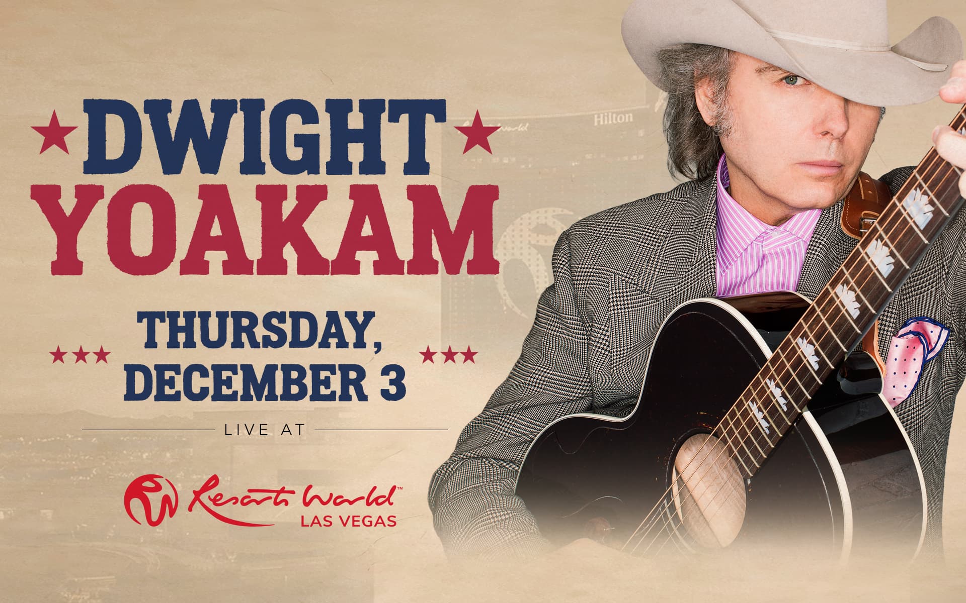 Promotional graphic for Dwight Yoakam performing live at Resorts World Las Vegas on Thursday, December 3.