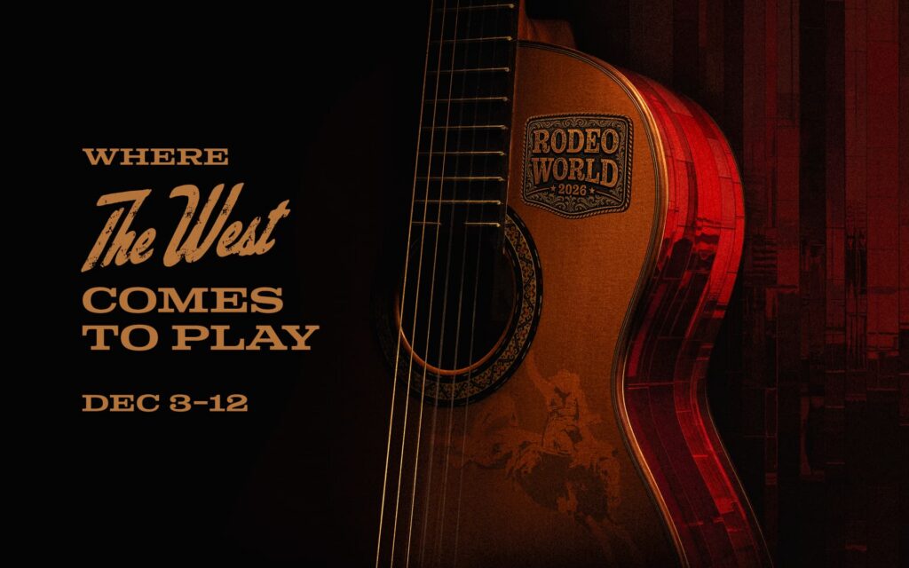 Rodeo World 2026 promotional graphic featuring a western-style guitar and the text “Where the West Comes to Play,” December 3–12.