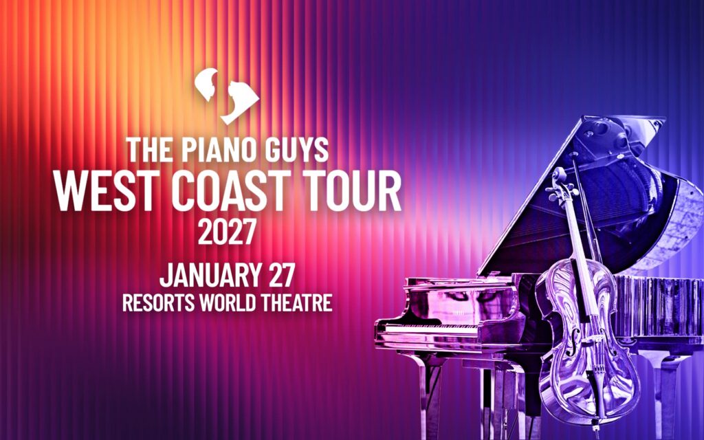 Promotional graphic for The Piano Guys West Coast Tour 2027 on January 27 at Resorts World Theatre, featuring a piano and cello.
